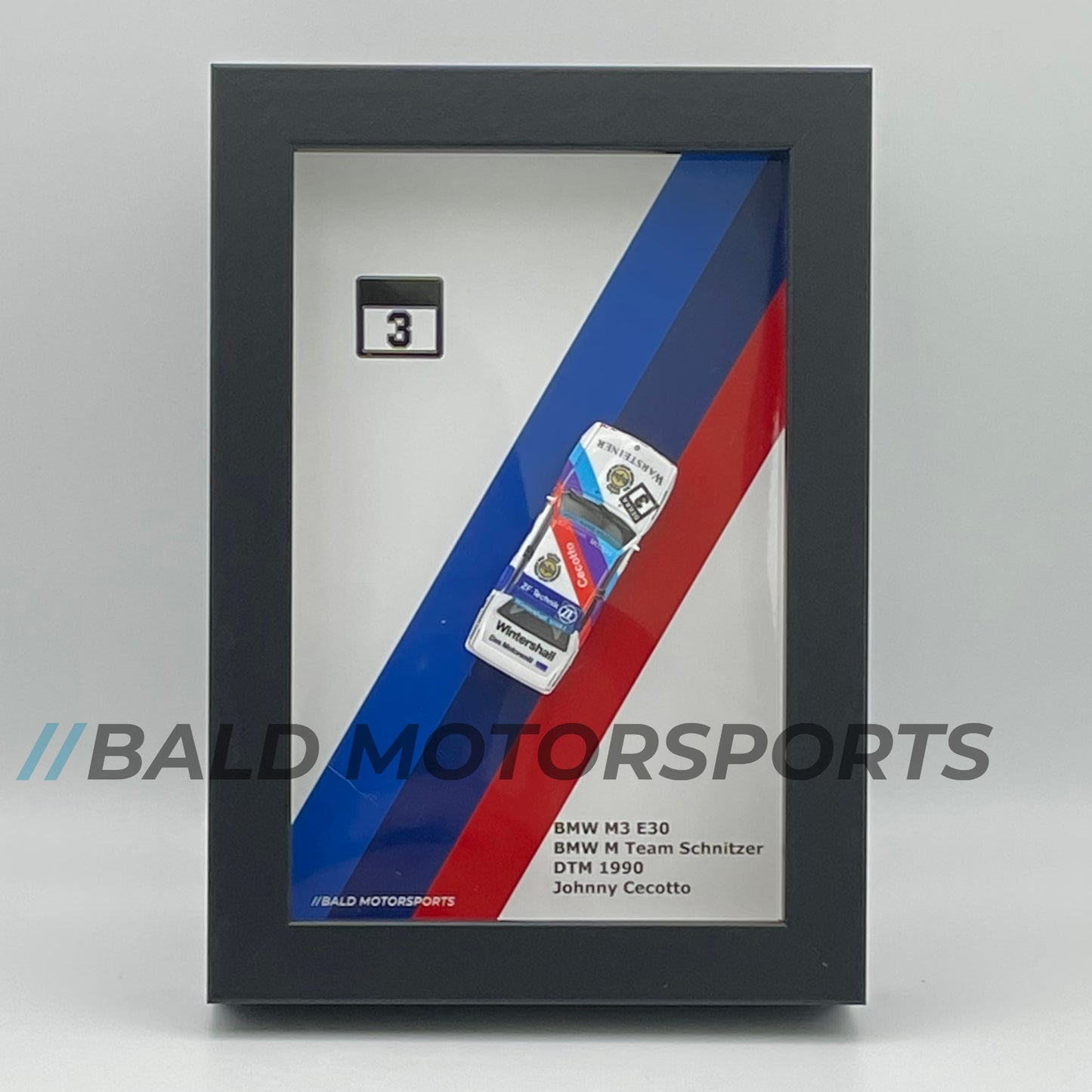 3D photo frame with model car 1:87 BMW M3 E30 BMW M Team Schnitzer DTM 1990 Johnny Cecotto