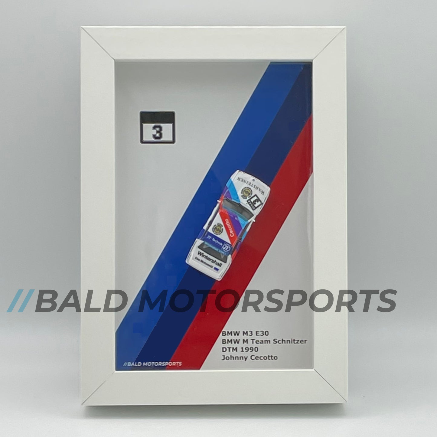 3D photo frame with model car 1:87 BMW M3 E30 BMW M Team Schnitzer DTM 1990 Johnny Cecotto