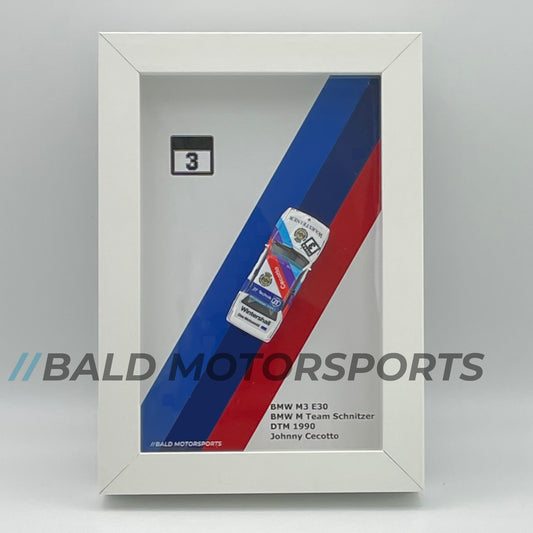 3D-Bilderrahmen mit Modellauto 1:87 BMW M3 E30 BMW M Team Schnitzer DTM 1990 Johnny Cecotto