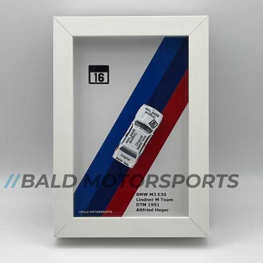 3D-Bilderrahmen mit Modellauto 1:87 BMW M3 E30 Lindner M Team DTM 1991 Altfried Heger