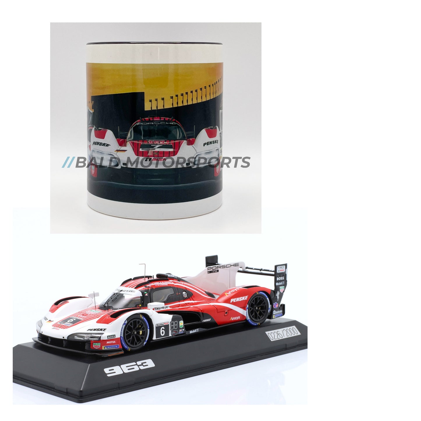 Produkt-Bundle bestehend aus limitiertem Modellauto Porsche 963 24h Daytona 2023 Cameron, Jaminet, Tandy im Maßstab 1:43 inklusive passender Keramiktasse
