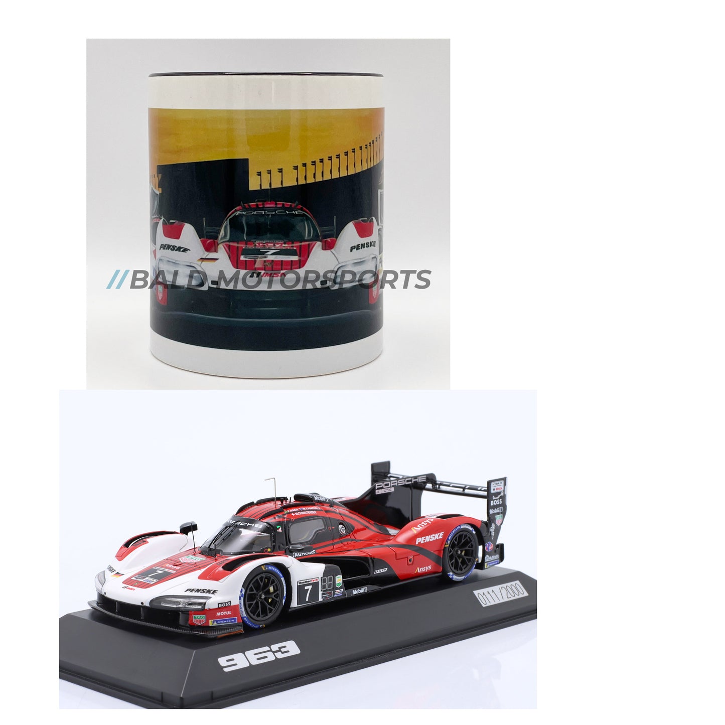 Produkt-Bundle bestehend aus limitiertem Modellauto Porsche 963 24h Daytona 2023 Campbell, Christensen, Nasr im Maßstab 1:43 inklusive passender Keramiktasse