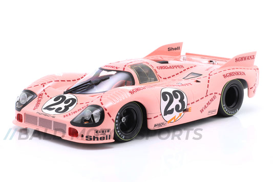 Produkt-Bundle bestehend aus Modellauto Porsche 917/20 "Pink Pig" 24h Le Mans 1971 im Maßstab 1:18 und dem passenden Thermobecher