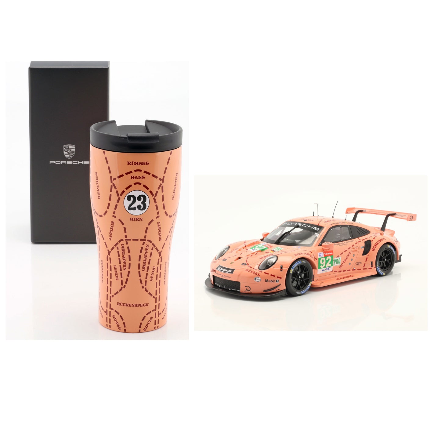 Produkt-Bundle bestehend aus Modellauto Porsche 911 (991) RSR "Pink Pig" Klassensieger 24h Le Mans 2018 im Maßstab 1:18 und dem passenden Thermobecher