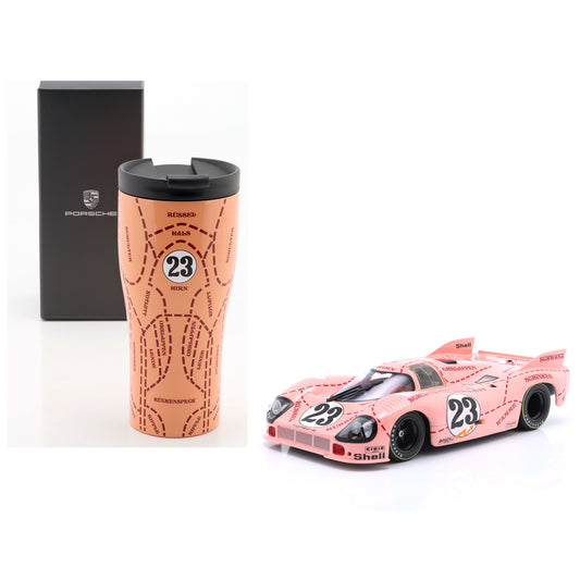 Produkt-Bundle bestehend aus Modellauto Porsche 917/20 "Pink Pig" 24h Le Mans 1971 im Maßstab 1:18 und dem passenden Thermobecher
