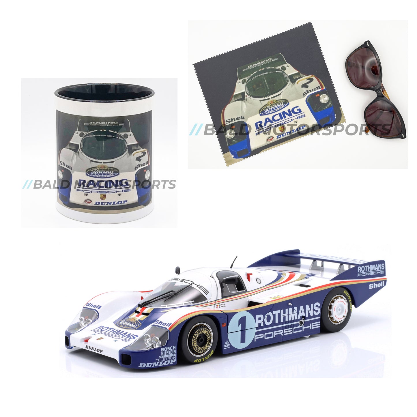 Produkt-Bundle bestehend aus Modellauto Porsche 956 LH Sieger Le Mans 1982 im Maßstab 1:18 inklusive passender Keramiktasse und Brillenputztuch