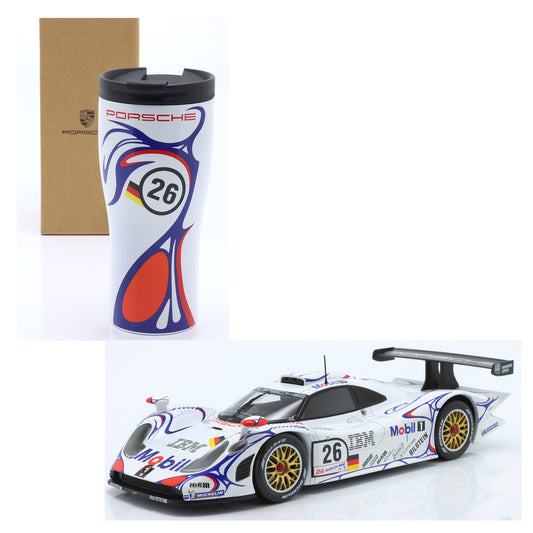 Produkt-Bundle bestehend aus Modellauto Porsche 911 GT1 Sieger 24h Le Mans 1998 im Maßstab 1:18 und dem passenden Thermobecher