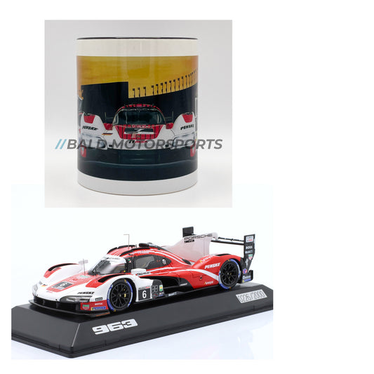 Produkt-Bundle bestehend aus limitiertem Modellauto Porsche 963 24h Daytona 2023 Cameron, Jaminet, Tandy im Maßstab 1:43 inklusive passender Keramiktasse