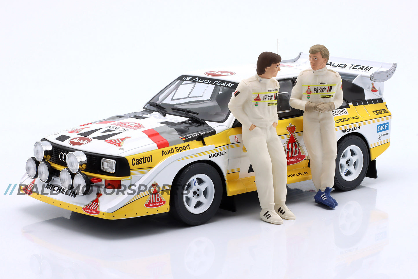 Audi Sport Quattro Rallye Monte Carlo 1986 mit Figuren Röhrl und Geistdörfer Ixo 1:18